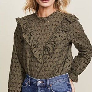 Boutique Cooper & Ella Olive Green Eyelet Lace Ruffle Long Sleeve Blouse L